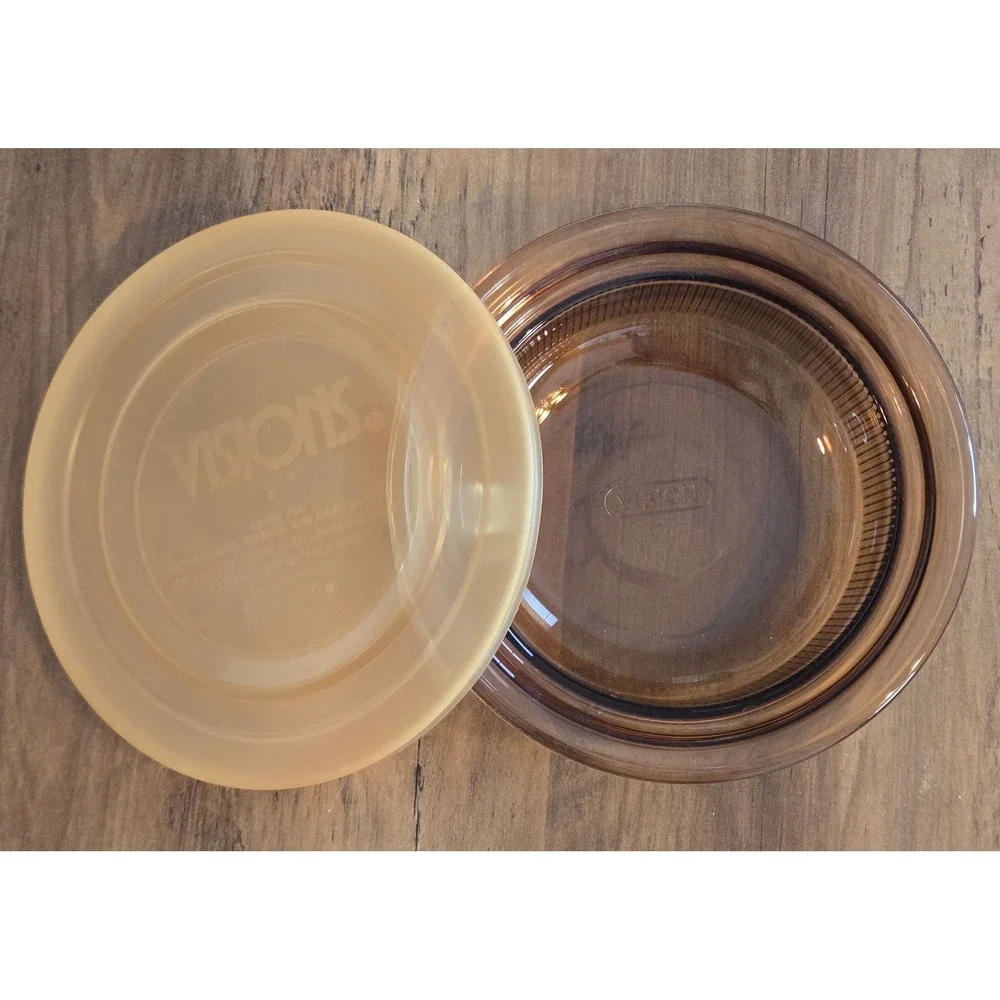 Vintage Corning Visions Amber Brown Round Casserole Dish with Storage Lid